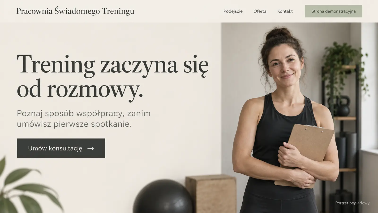 Projekt szablonu Ekspert dla trenera personalnego — sekcja Poznaj podejście