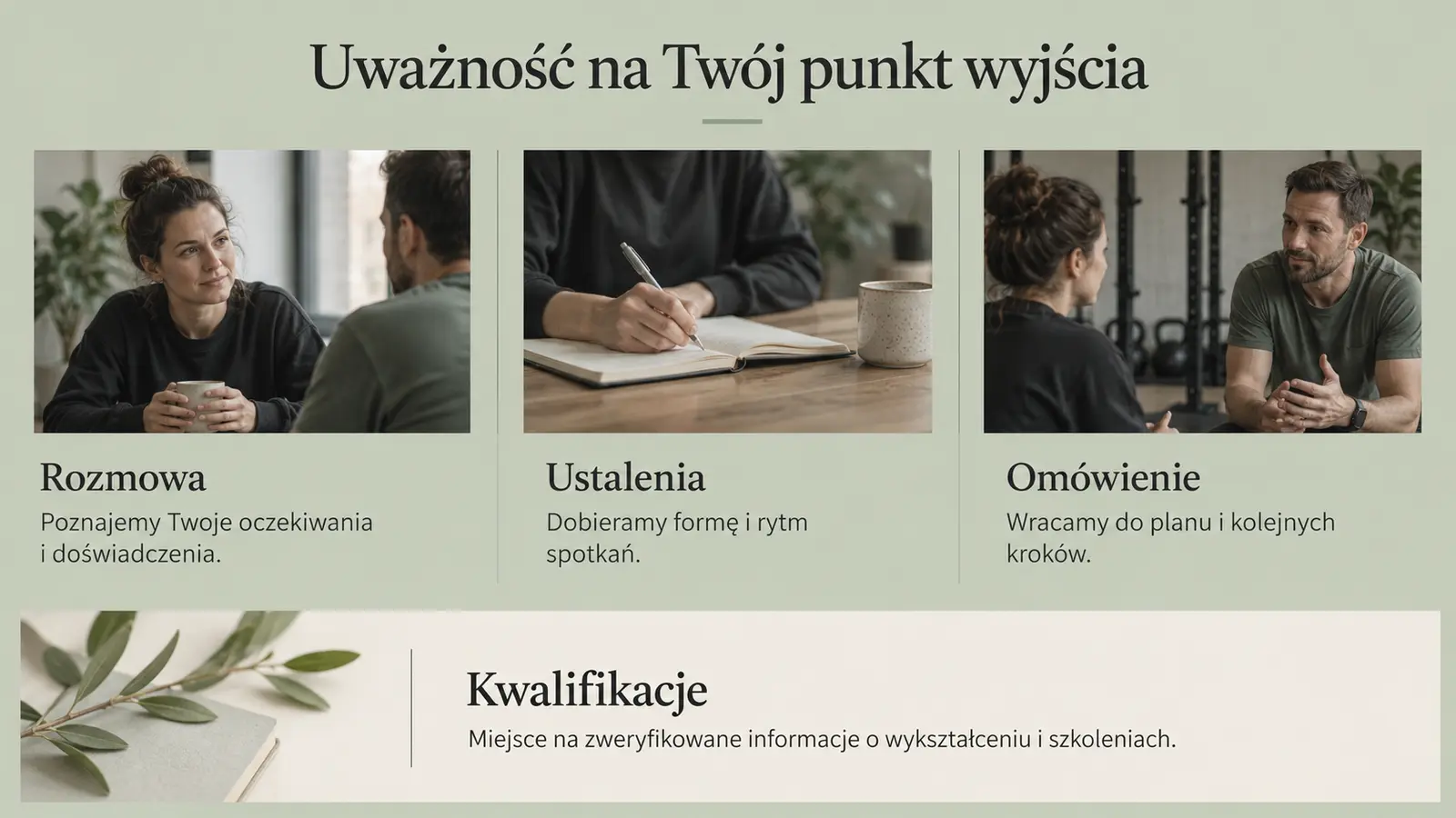 Projekt szablonu Ekspert dla trenera personalnego — sekcja Jak pracuję