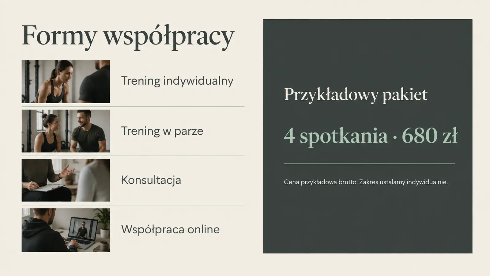 Projekt szablonu Ekspert dla trenera personalnego — sekcja Oferta i pakiety