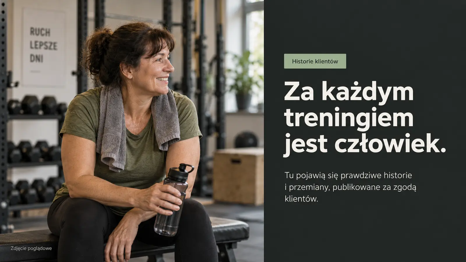 Projekt szablonu Galeria dla trenera personalnego — sekcja Historie klientów