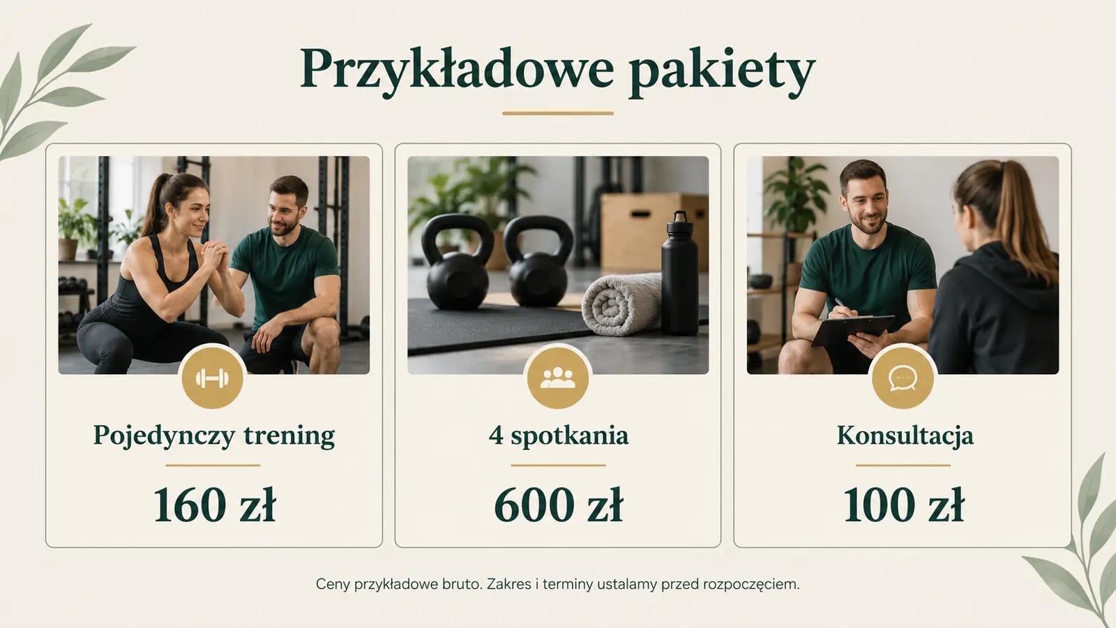 Projekt szablonu Klasyczny dla trenera personalnego — sekcja Pakiety