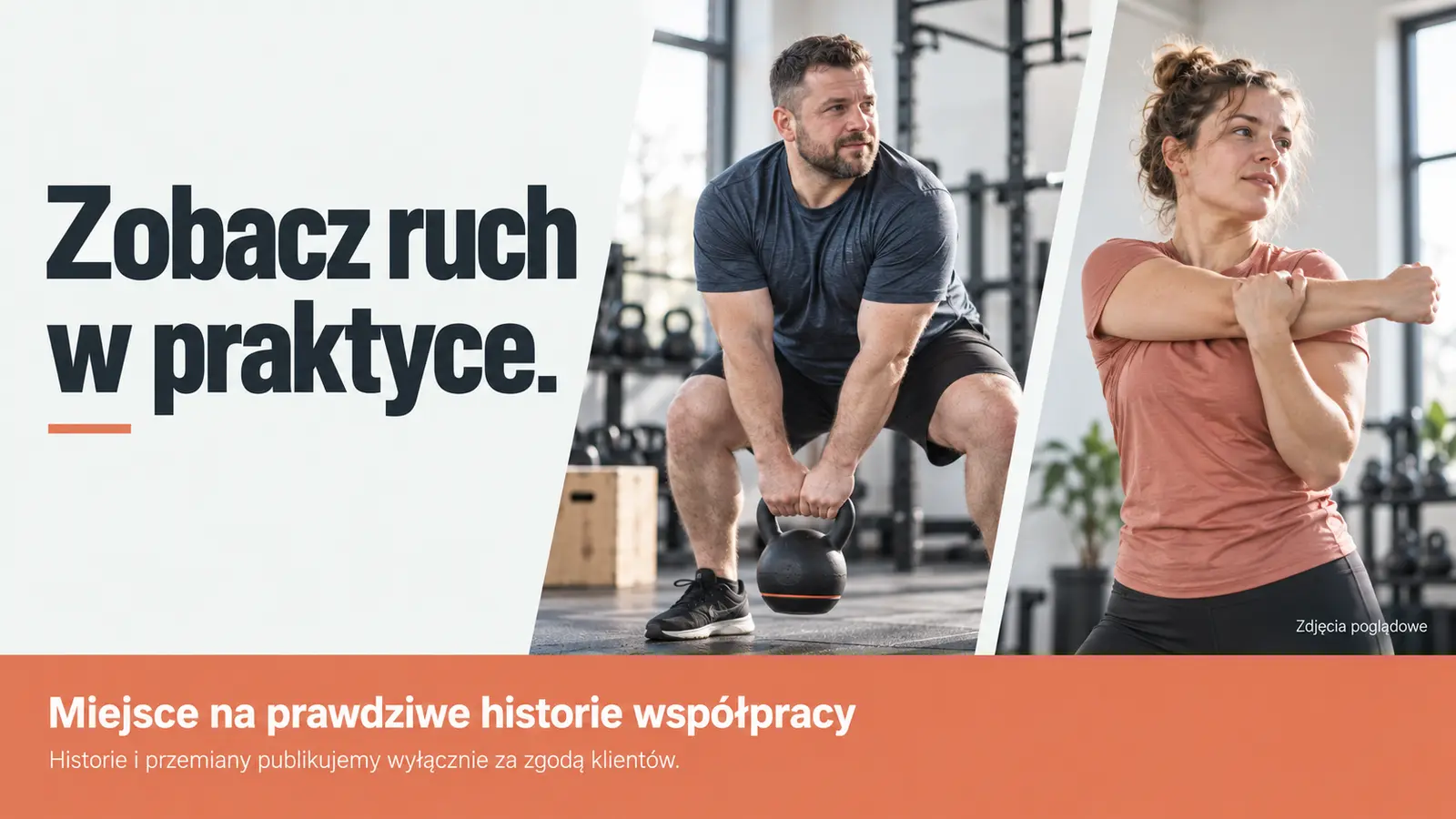 Projekt szablonu Nowoczesny dla trenera personalnego — sekcja Ruch i historie