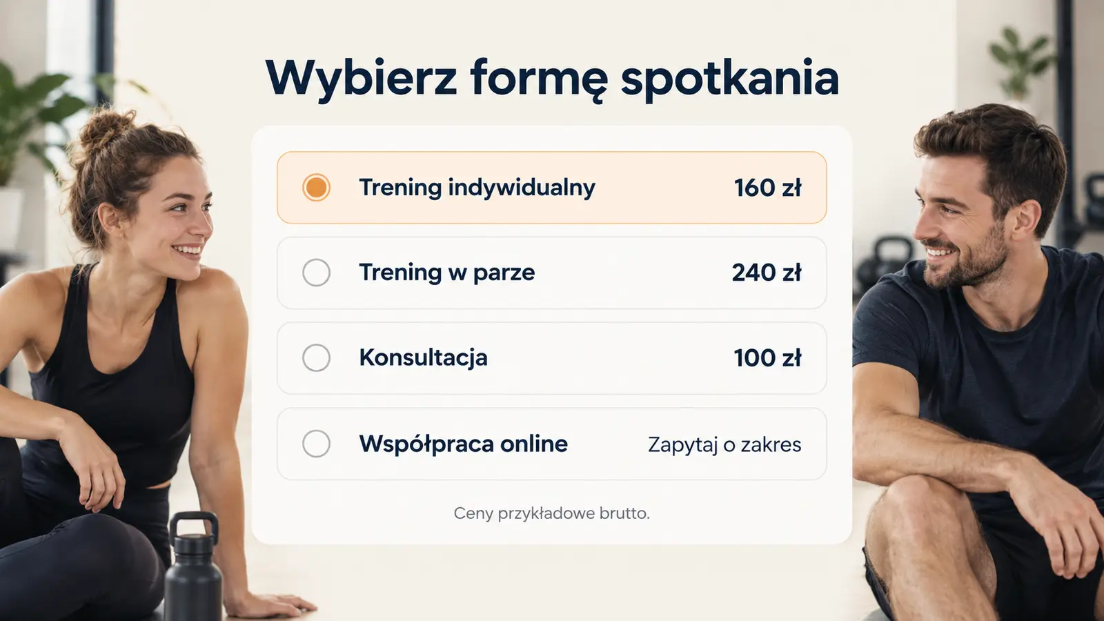 Projekt szablonu Rezerwacje dla trenera personalnego — sekcja Wybierz usługę
