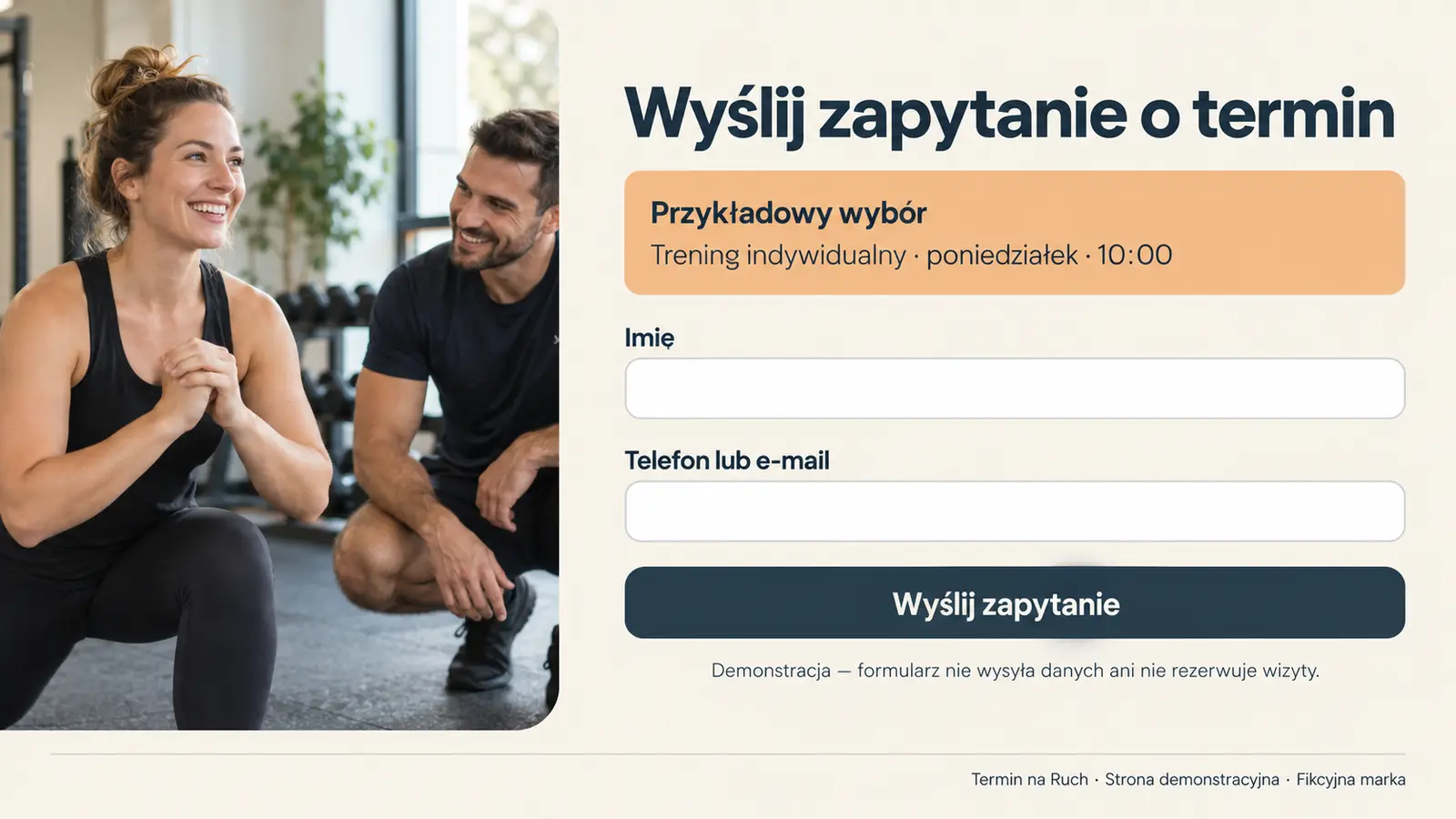 Projekt szablonu Rezerwacje dla trenera personalnego — sekcja Wyślij zapytanie