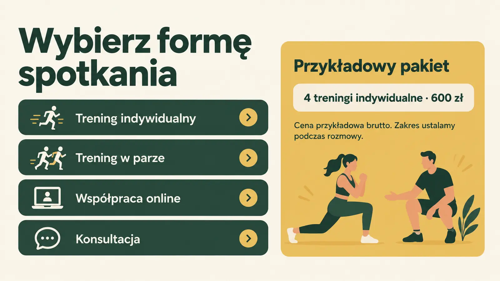 Projekt szablonu Wizytówka dla trenera personalnego — sekcja Oferta i pakiety