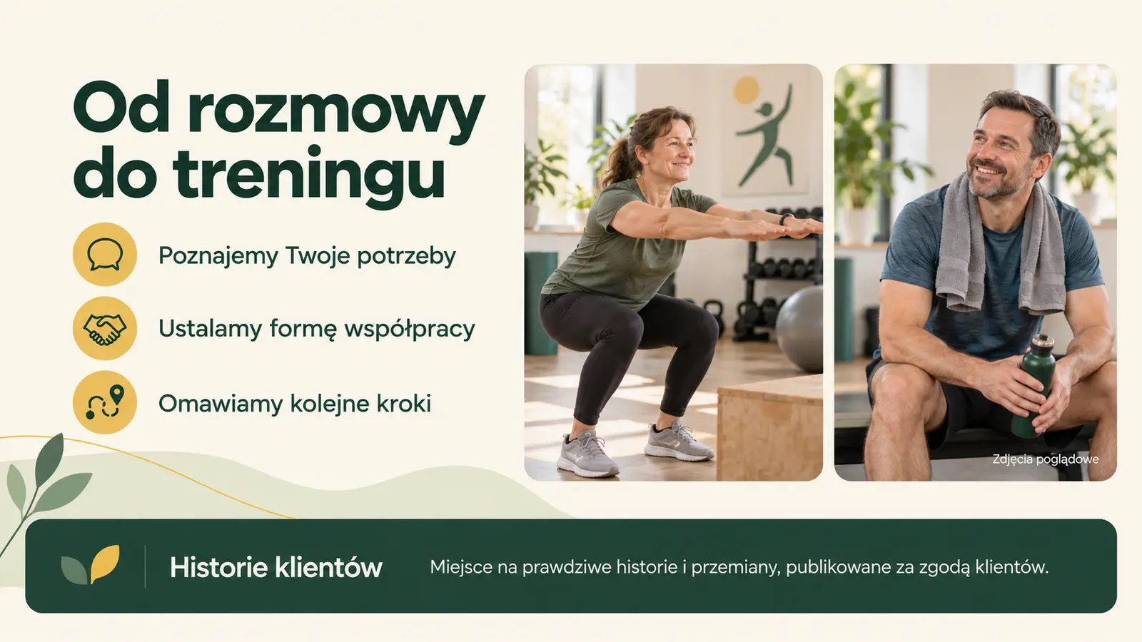 Projekt szablonu Wizytówka dla trenera personalnego — sekcja Jak pracujemy