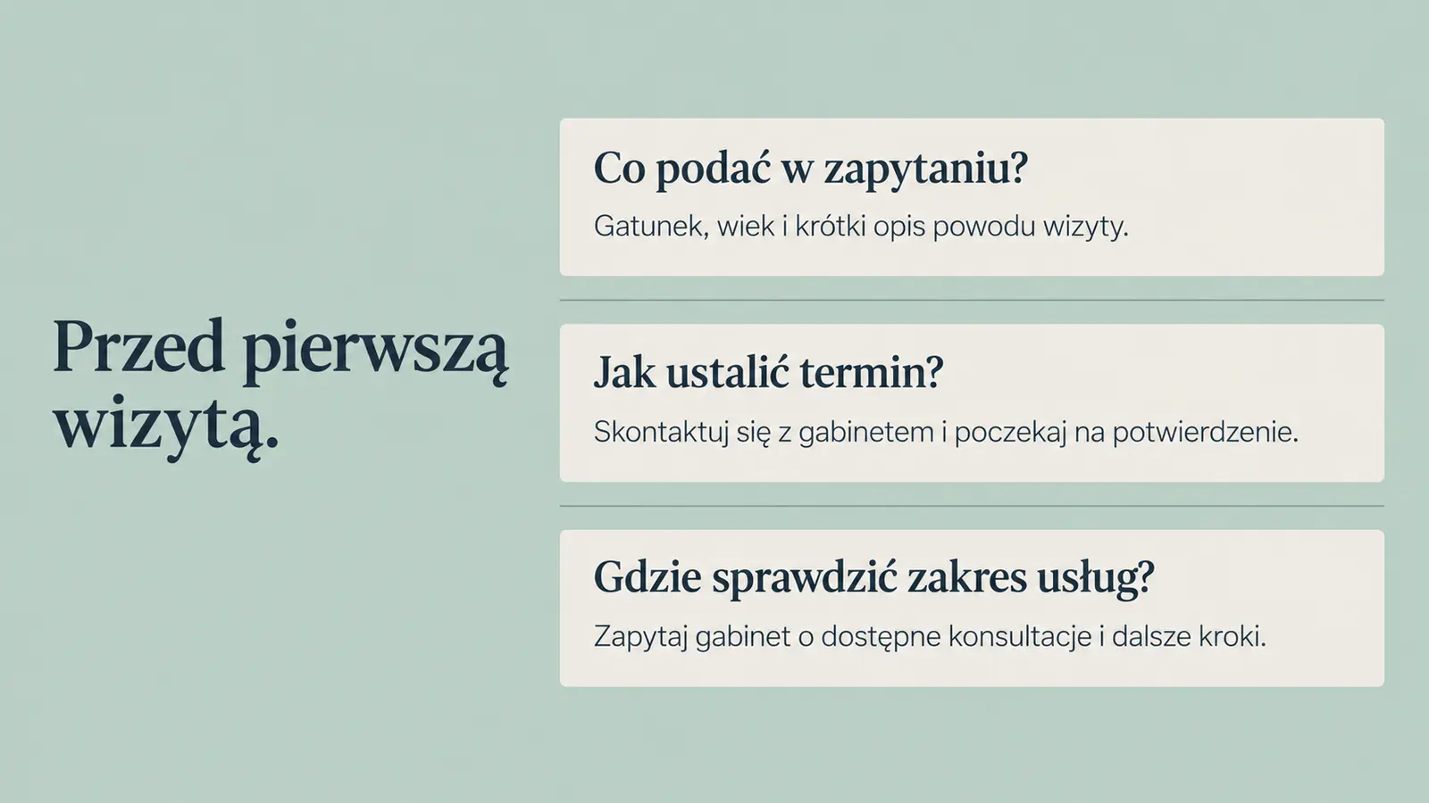 Projekt szablonu Ekspert dla gabinetu weterynaryjnego — sekcja Przed wizytą