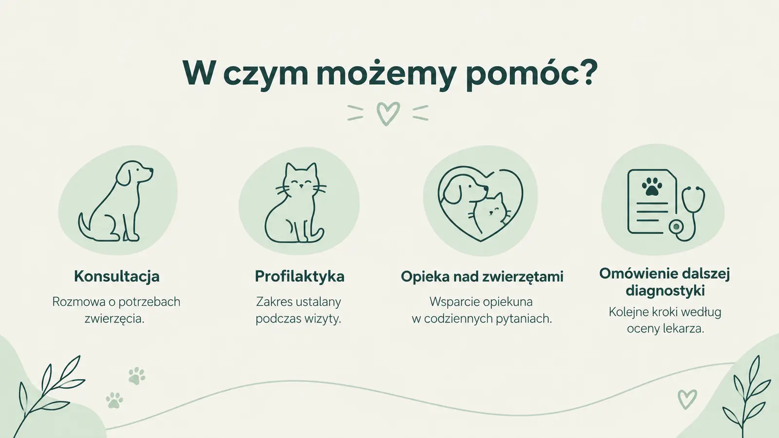 Projekt szablonu Klasyczny dla gabinetu weterynaryjnego — sekcja Zakres opieki