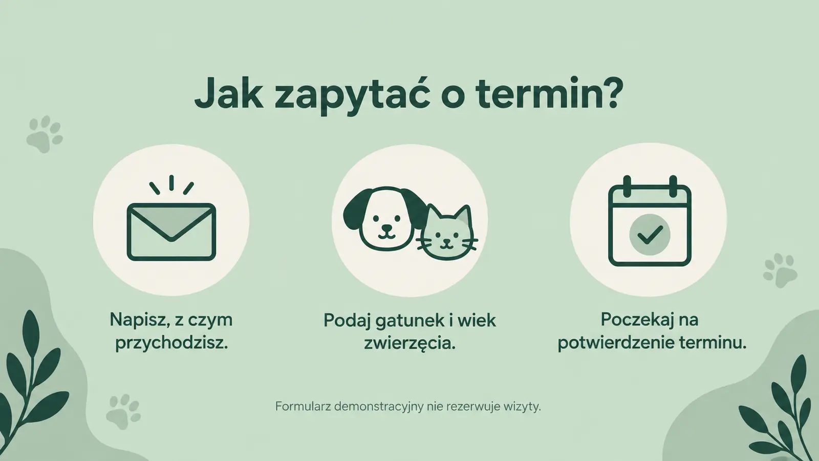 Projekt szablonu Klasyczny dla gabinetu weterynaryjnego — sekcja Przed wizytą