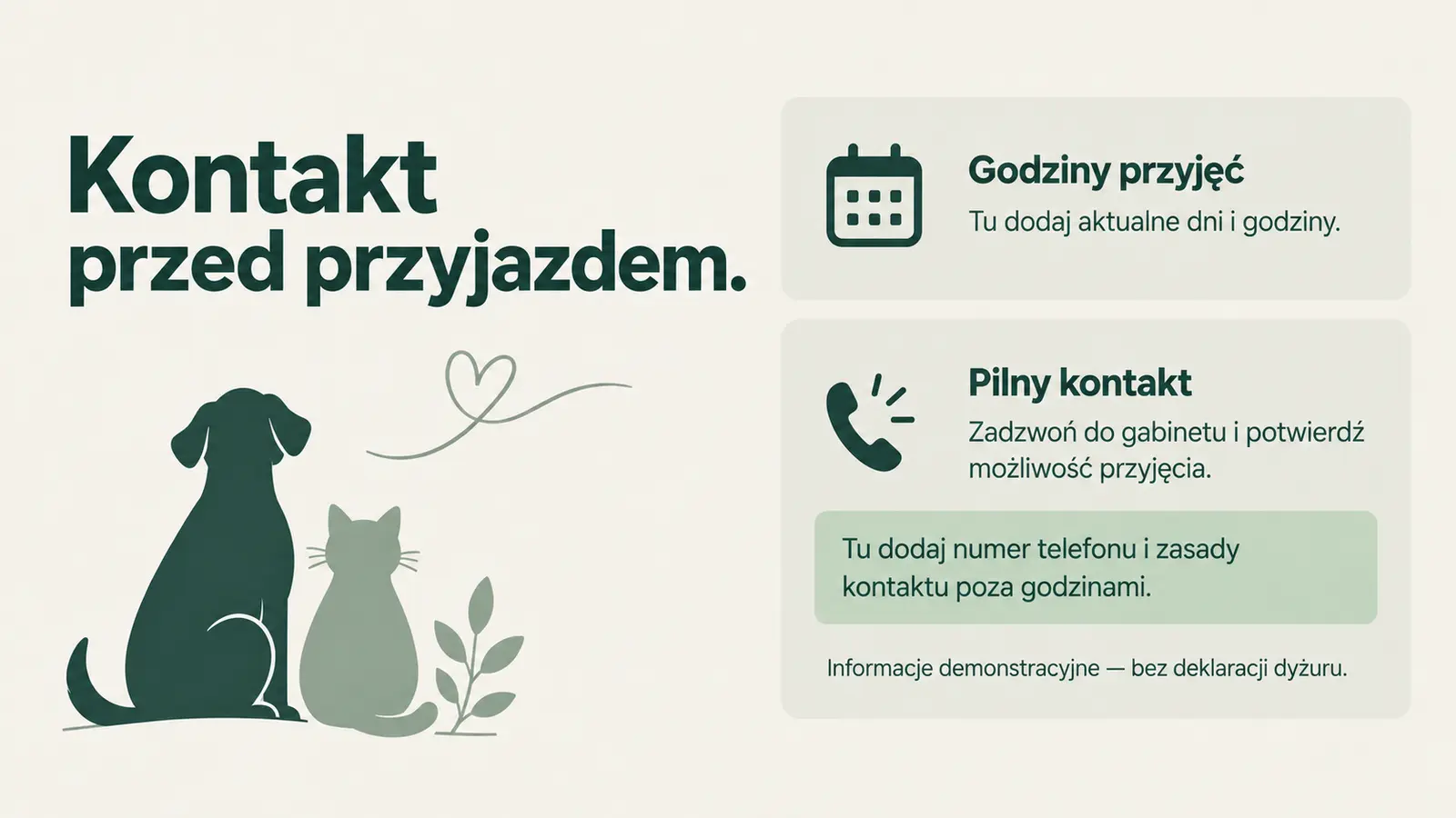 Projekt szablonu Klasyczny dla gabinetu weterynaryjnego — sekcja Godziny i pilny kontakt