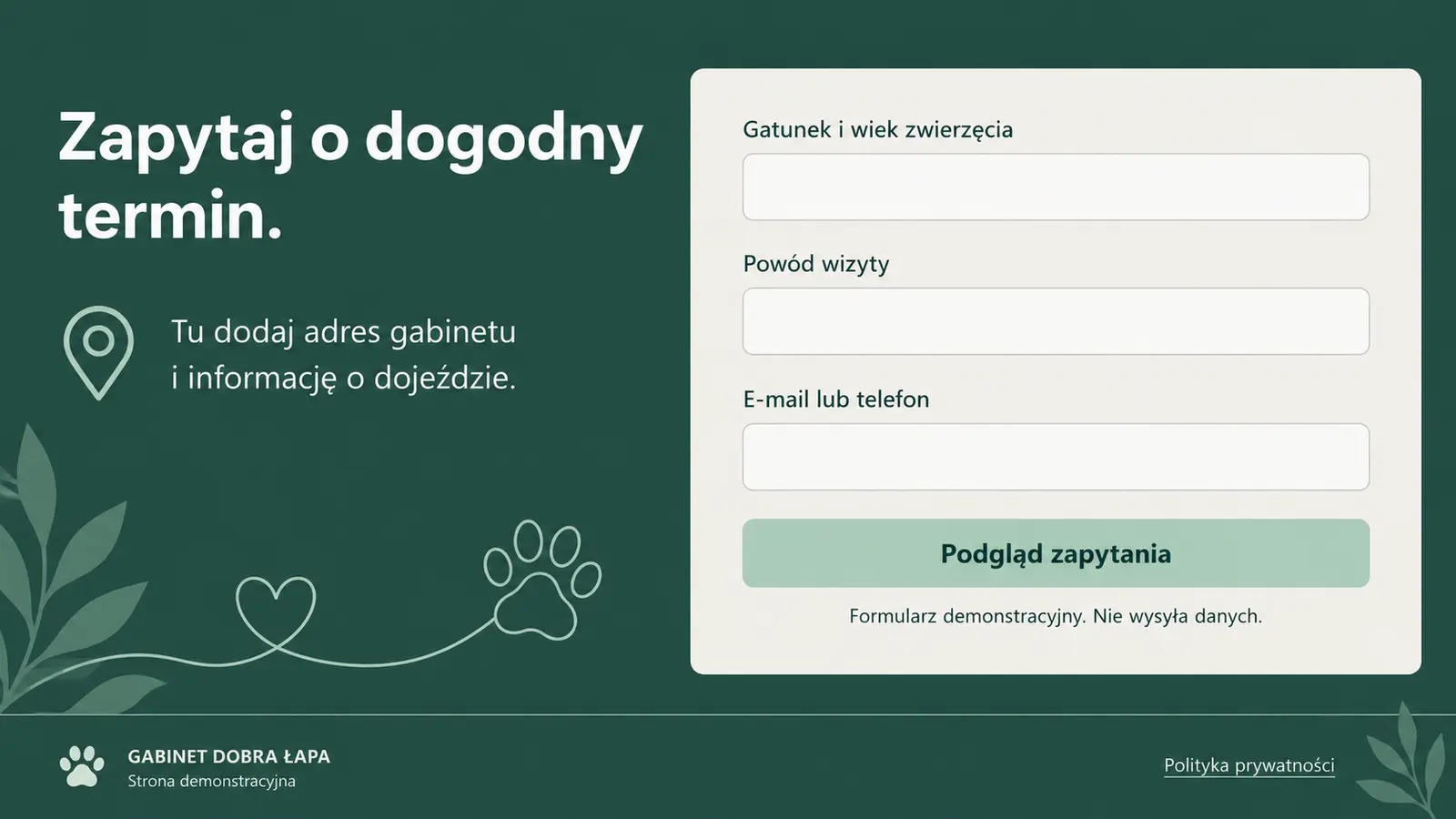 Projekt szablonu Klasyczny dla gabinetu weterynaryjnego — sekcja Prośba o wizytę