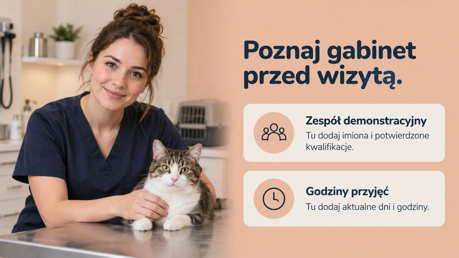 Projekt szablonu Lokalny dla gabinetu weterynaryjnego — sekcja Zespół i godziny
