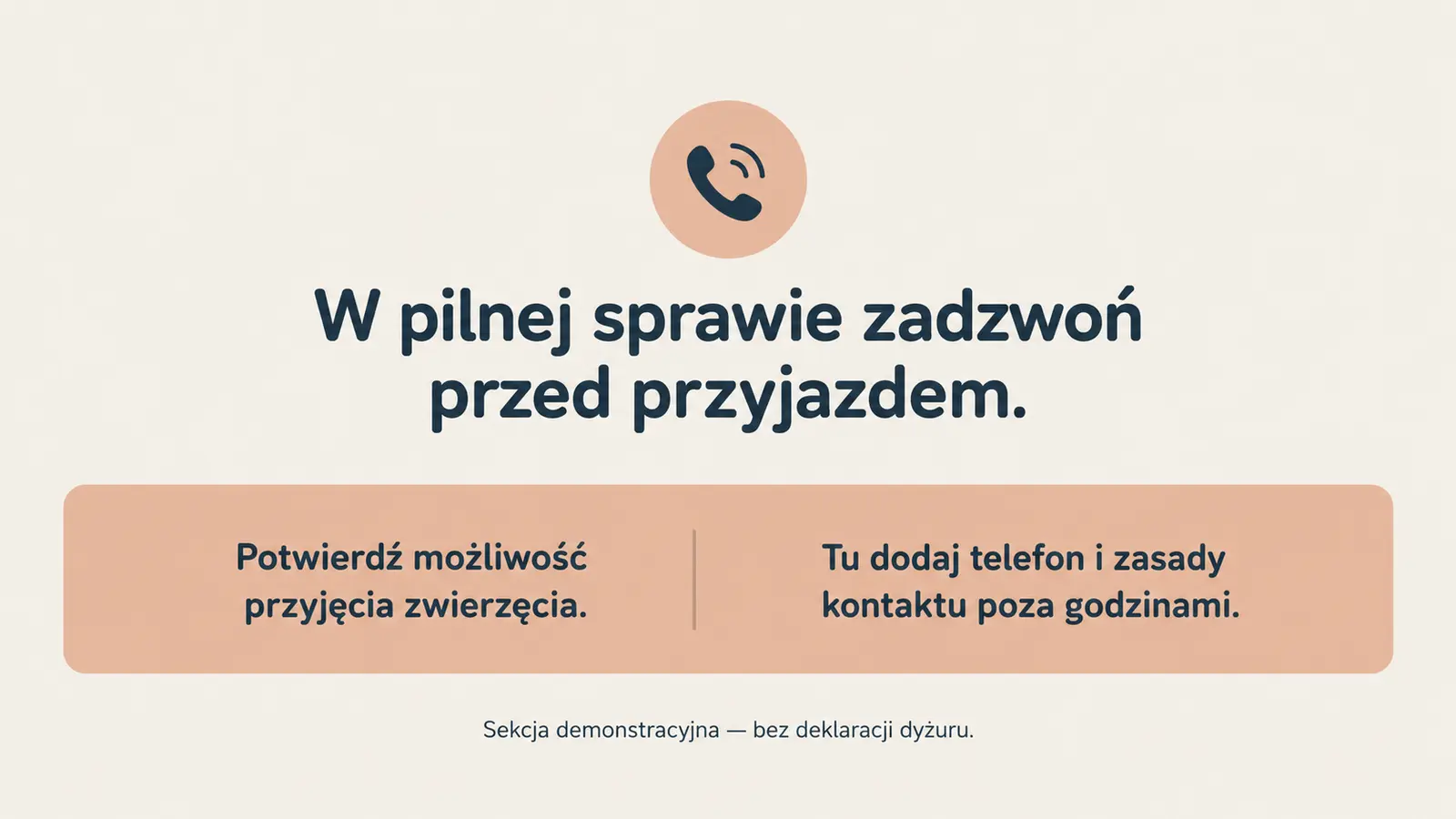 Projekt szablonu Lokalny dla gabinetu weterynaryjnego — sekcja Kontakt przed przyjazdem