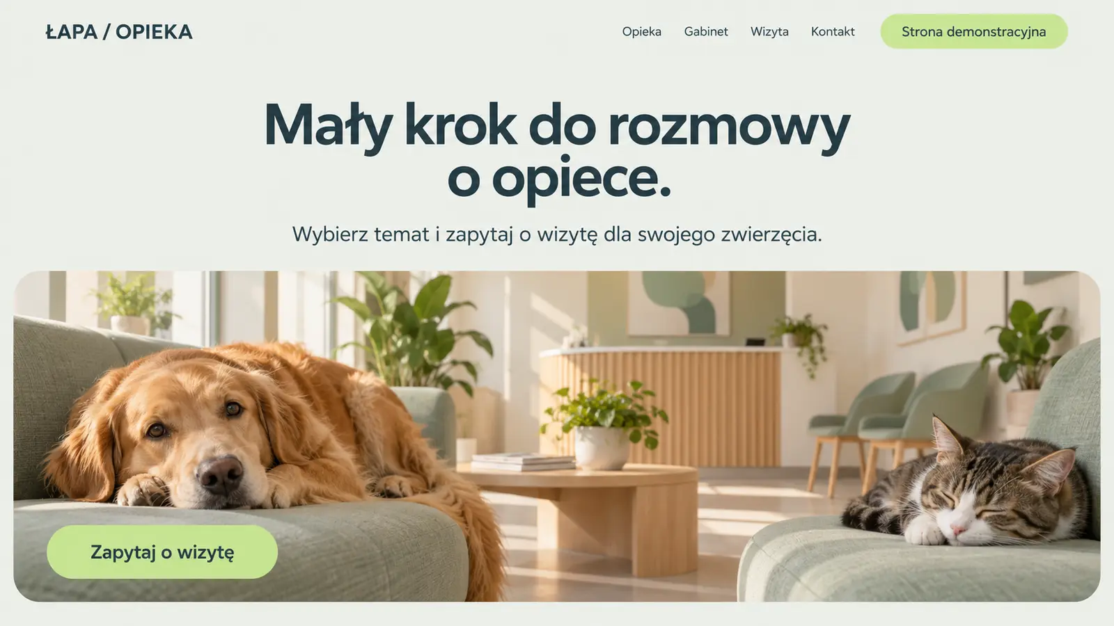 Projekt szablonu Nowoczesny dla gabinetu weterynaryjnego — sekcja Powitanie