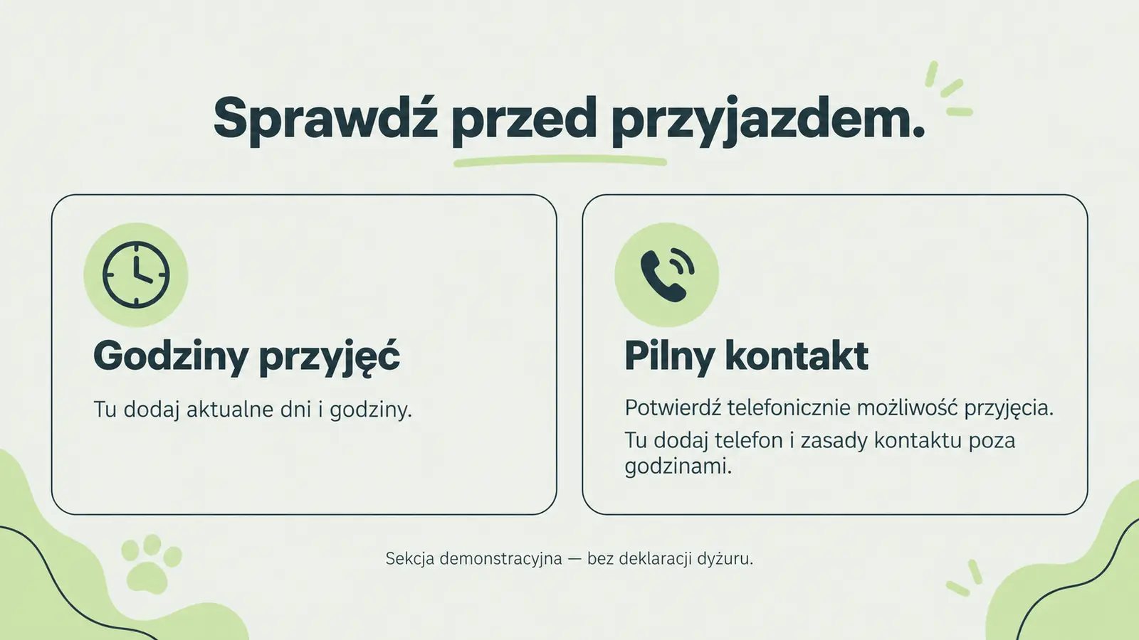 Projekt szablonu Nowoczesny dla gabinetu weterynaryjnego — sekcja Godziny i kontakt
