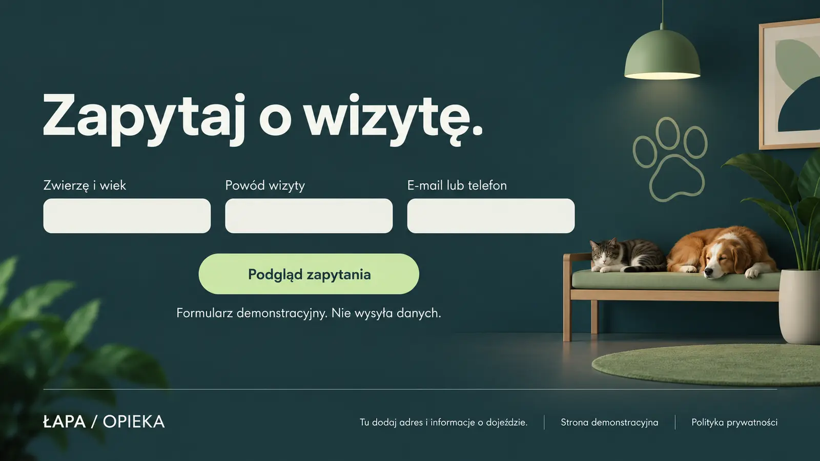 Projekt szablonu Nowoczesny dla gabinetu weterynaryjnego — sekcja Formularz