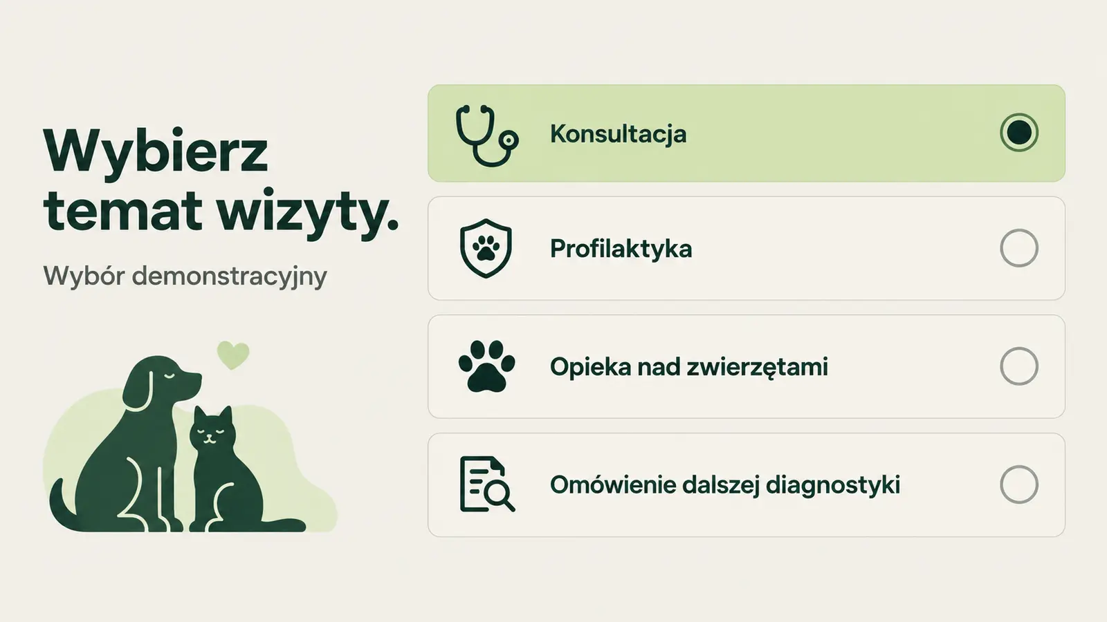 Projekt szablonu Rezerwacje dla gabinetu weterynaryjnego — sekcja Rodzaj wizyty