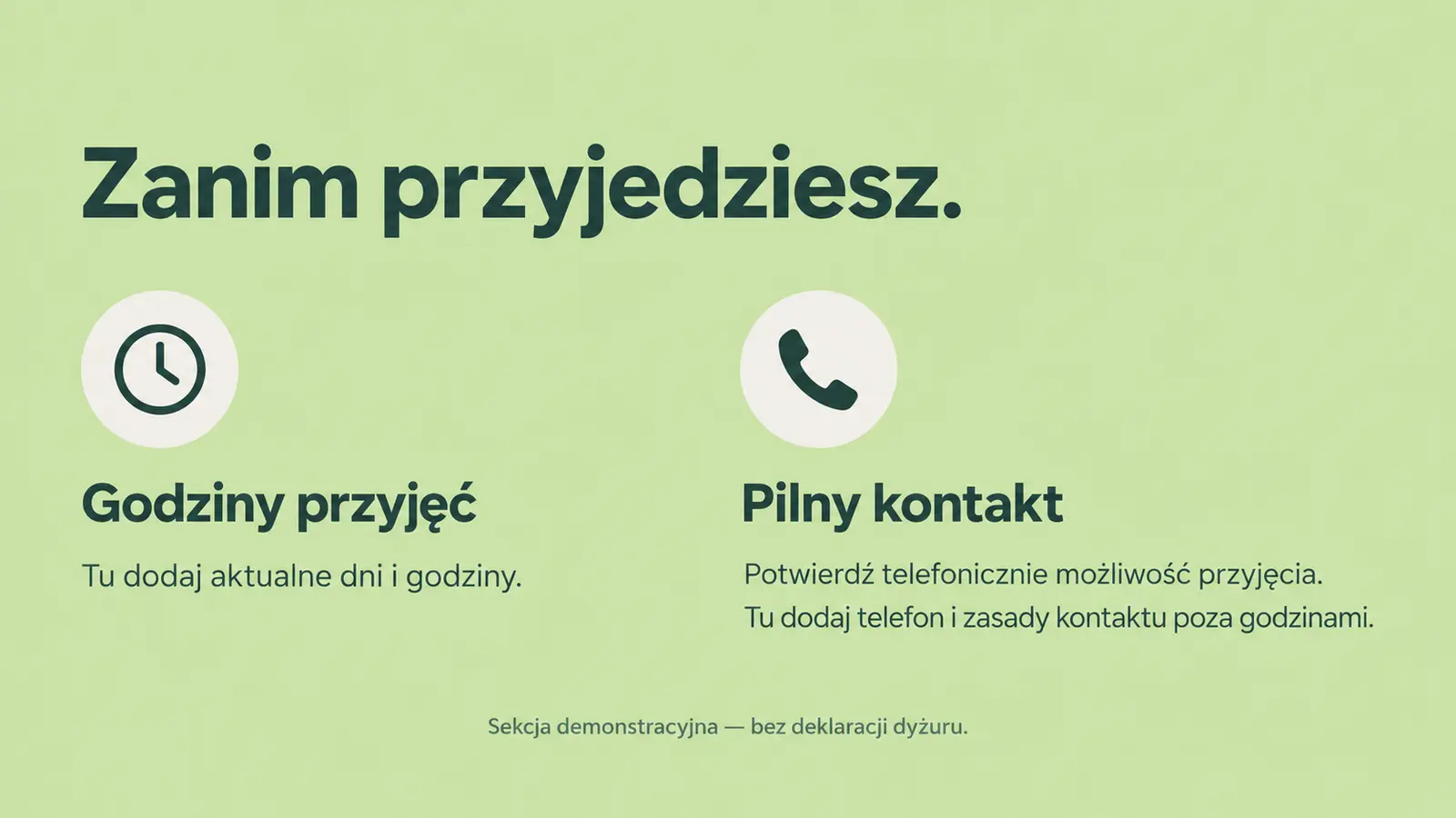 Projekt szablonu Rezerwacje dla gabinetu weterynaryjnego — sekcja Praktyczny kontakt