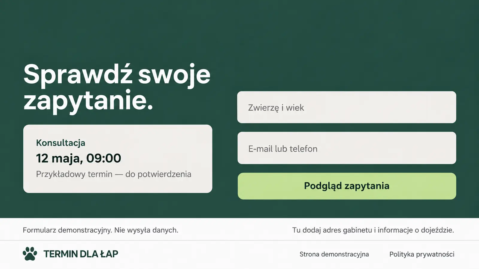 Projekt szablonu Rezerwacje dla gabinetu weterynaryjnego — sekcja Podsumowanie