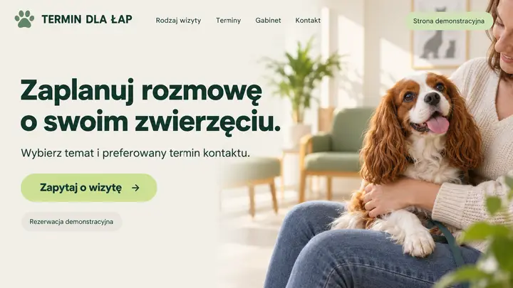 Projekt szablonu Rezerwacje dla branży Weterynarz — pierwszy ekran