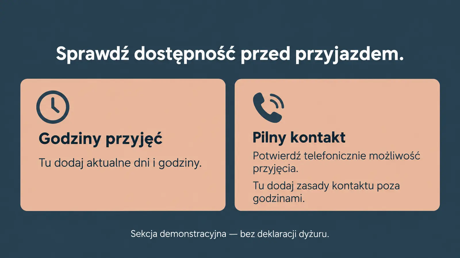 Projekt szablonu Szybki kontakt dla gabinetu weterynaryjnego — sekcja Godziny i pilny kontakt