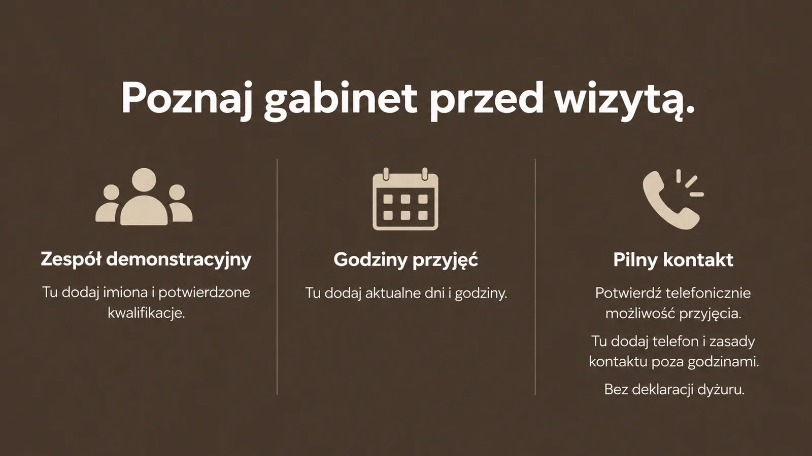 Projekt szablonu Wizytówka dla gabinetu weterynaryjnego — sekcja Gabinet i dostępność