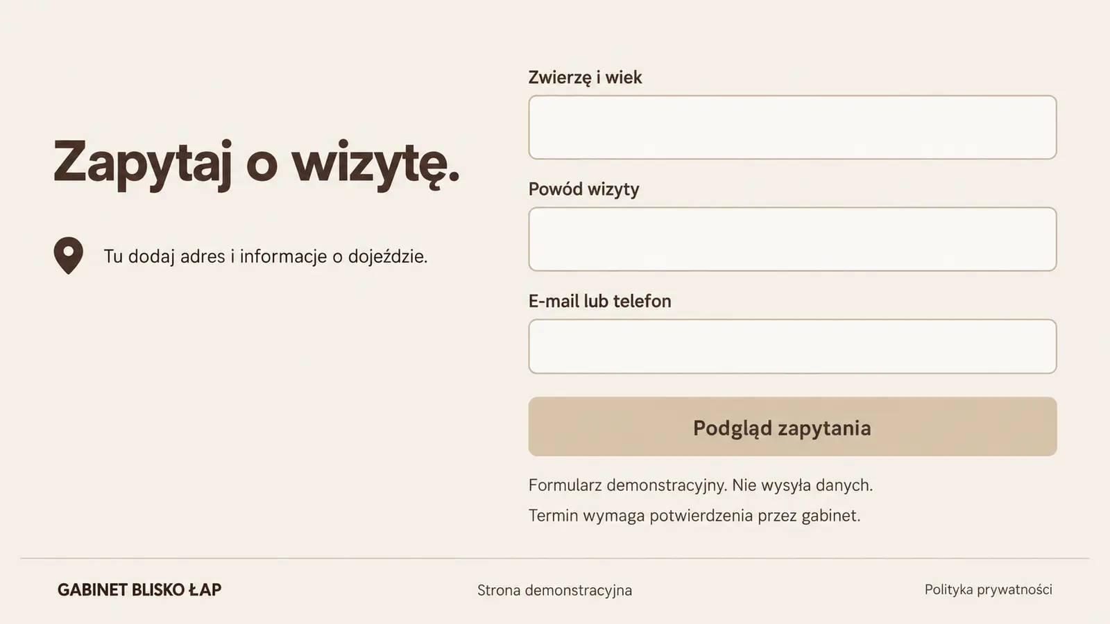 Projekt szablonu Wizytówka dla gabinetu weterynaryjnego — sekcja Zapytanie